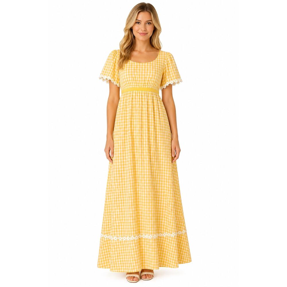70s Handmade Yellow Gingham Daisy Trim Empire waist Flutter Sleeve Maxi Dress S